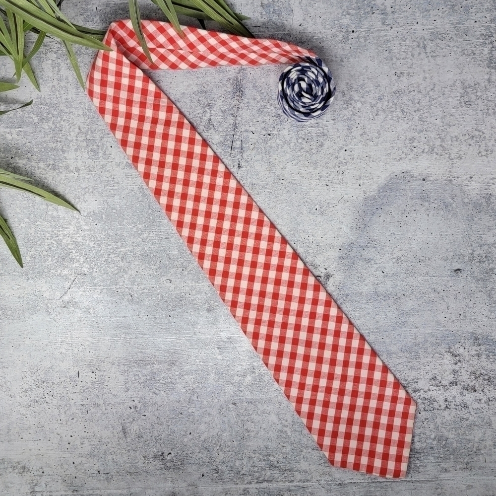 Tommy Hilfiger Red & Navy Checkered Colorblock Tie